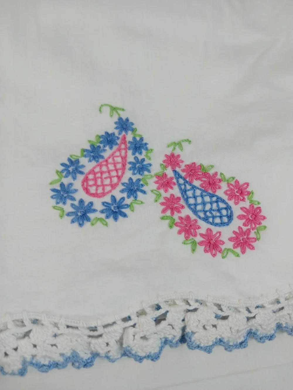 Vintage embroidered standard pillowcase white blue pink flowers